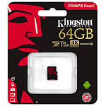 Изображение microSD XC 64Gb Kingston Canvas React UHS-I U3 Class10 (без переходника, SDCR/64GBSP) Фото microSD XC 64Gb Kingston Canvas React UHS-I U3 Class10 (без переходника, SDCR/64GBSP)