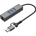 ХАБ Dynamode DM-AD-GLAN-U3 Grey, USB-A/C -> 3 * USB3.0 + RJ-45 GBLan,cable 13см - фото