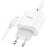 Мережевий ЗП Hoco C105A Stage White (6931474782939) USB-A+Type-C, 3A, QC3.0, PD20W + Cable Lightning - фото