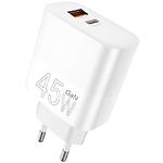 Фото Сетевое ЗУ WUW-C209, USB-A + USB-C, 18W QC3.0, PD 45W, White