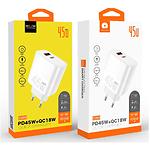 Фото Сетевое ЗУ WUW-C209, USB-A + USB-C, 18W QC3.0, PD 45W, White #1