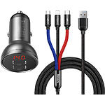 Изображение Автомобильное ЗУ Baseus TZCCBX-0G Black, 2*USB, 3-in-1 1.2m Cable, 24W, Digital Display Фото Автомобильное ЗУ Baseus TZCCBX-0G Black, 2*USB, 3-in-1 1.2m Cable, 24W, Digital Display