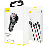 Изображение Автомобильное ЗУ Baseus TZCCBX-0G Black, 2*USB, 3-in-1 1.2m Cable, 24W, Digital Display #1 Фото Автомобильное ЗУ Baseus TZCCBX-0G Black, 2*USB, 3-in-1 1.2m Cable, 24W, Digital Display #1