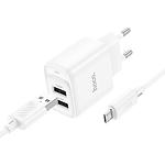 Фото Мережевий ЗП Hoco C141A Smart White (6942007627894) 2*USB-A, 2.1A, 5V + Cable micro-USB