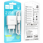 Фото Мережевий ЗП Hoco C141A Smart White (6942007627894) 2*USB-A, 2.1A, 5V + Cable micro-USB #1