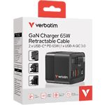 Фото Мережевий ЗП Verbatim (32217) Black, GaN 65W, USB-A 60W QC 3.0 + 2*USB-C 65W PD3.0