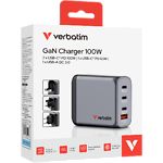 Мережевий ЗП Verbatim (32202) Black, GaN 100W, USB-A 30W QC 3.0 + 3*USB-C PD3.0 100W/100W/65W - фото