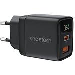 Мережевий ЗП Choetech PD6052-EU-BK, USB-A + Type-C, LCD, QC3.0, PD35W - фото