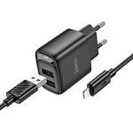 Фото Мережевий ЗП Hoco C141A Smart Black (6942007627863) 2*USB-A, 2.1A, 5V + Cable Lightning