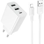 Фото Мережевий ЗП BOROFONE BA105A White (6941991125287) 2*USB-A + Type-C, 3A, 15W + Cable Lightning